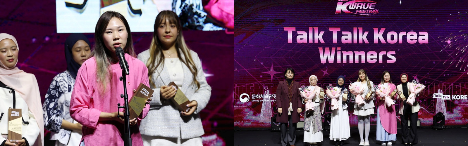 Hai Anh Tran (izquierda), de Vietnam, pronuncia su discurso de agradecimiento, y los cinco ganadores (derecha) del certamen Talk Talk Korea posan para una foto grupal. De izquierda a derecha: Chae Su-hee, directora general de la Oficina de Relaciones Públicas Globales, Vina Aulia Zakiah Sodikin (Indonesia), Citra Auly Maulida Rizka (Indonesia), Marylee Loya (México), Hai Anh Tran (Vietnam) y Sara Mohamed (Egipto).