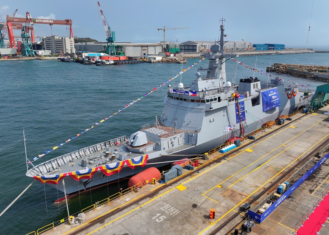 La foto muestra la ceremonia de botadura del Diego Silang, segunda corbeta patrullera construida por HD Hyundai Heavy Industries Co. para la Armada de Filipinas, realizada el 28 de marzo en Ulsan. | HD Hyundai Heavy Industries Co.