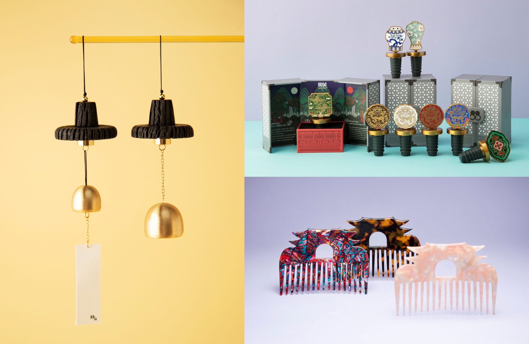 En el sentido de las agujas del reloj desde la izquierda: campanillas con forma de gat (sombrero tradicional masculino), ganadoras del premio de plata del Ministerio de Cultura, tapones de vino inspirados en los sellos reales de Joseon y peines galardonados con un premio especial del presidente de Hyundai Department Store. | KTO