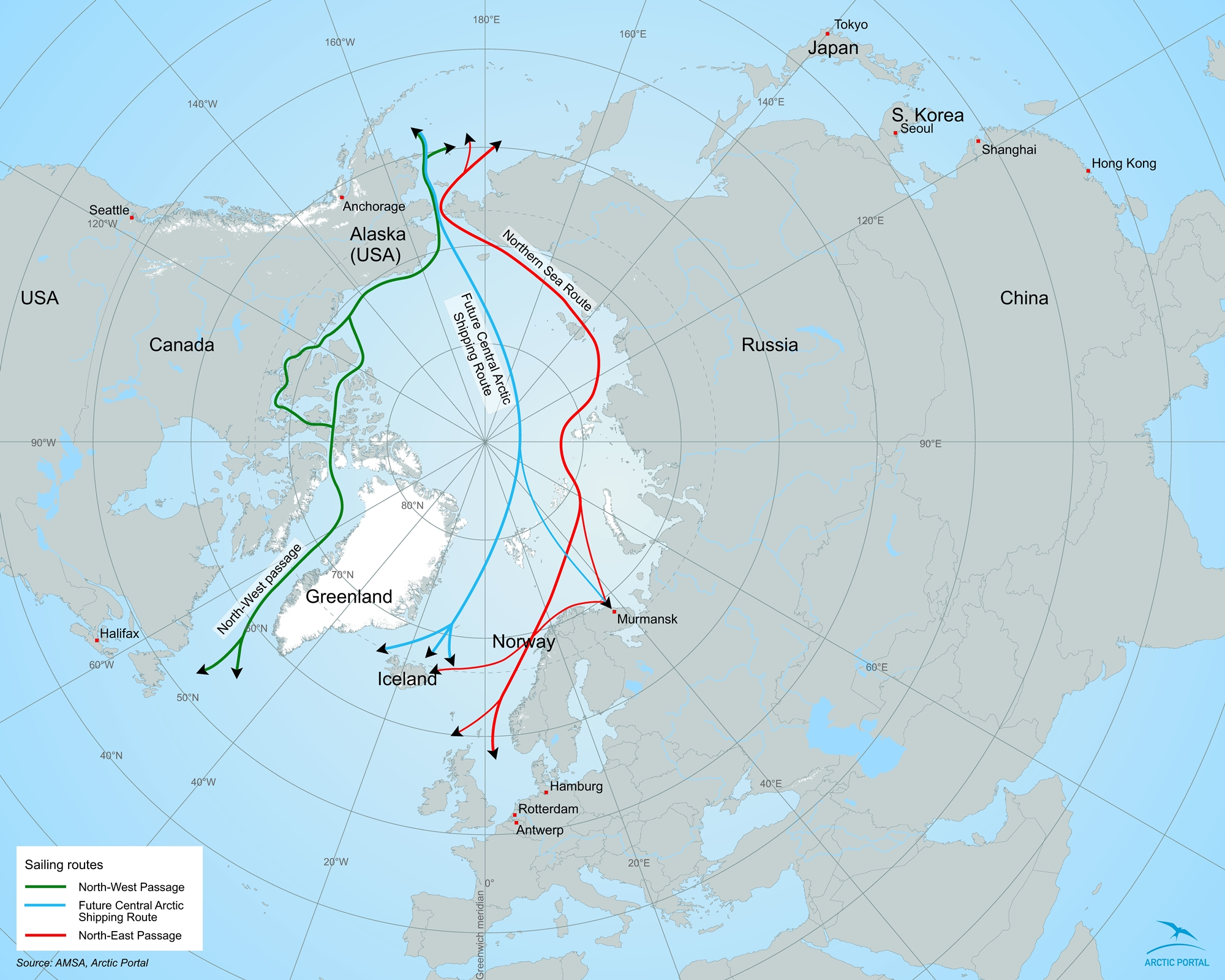  Mapa que muestra el estado de la ruta ártica. La distancia entre Busan y Róterdam a través del canal de Suez es de unos 20.000 km, con un tiempo aproximado de 40 días. Mediante la ruta ártica, la distancia se reduce a unos 13.000 km y el trayecto a 30 días. | Arctic Portal