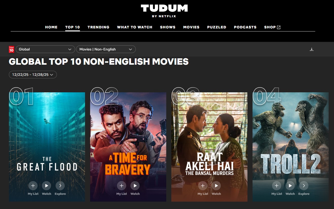 'El gran diluvio' encabezó la lista de películas de habla no inglesa de Netflix durante la semana del 22 al 28 de diciembre. 