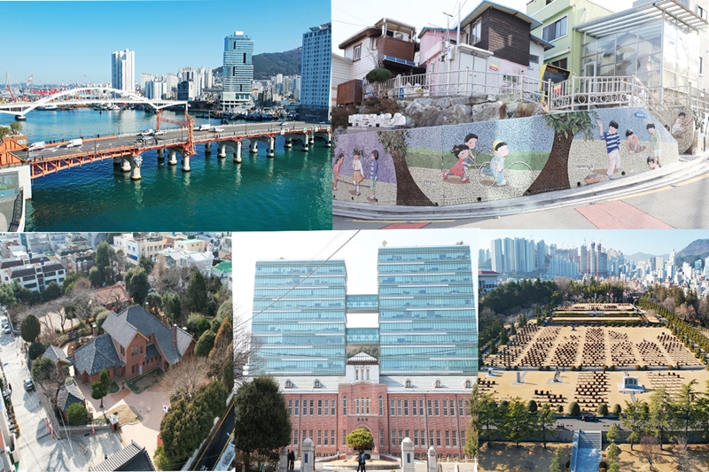 Cinco de los once lugares que conforman Sites of the Busan Wartime Capital (Los vestigios de Busan como capital provisional durante la Guerra de Corea). En el sentido de las agujas del reloj desde arriba: el puente Yeongdo, el asentamiento de refugiados del barrio de Ami-dong, el Cementerio Conmemorativo de la ONU, el Complejo Gubernamental de la Capital Provisional y la Residencia Presidencial de la Capital Provisional.