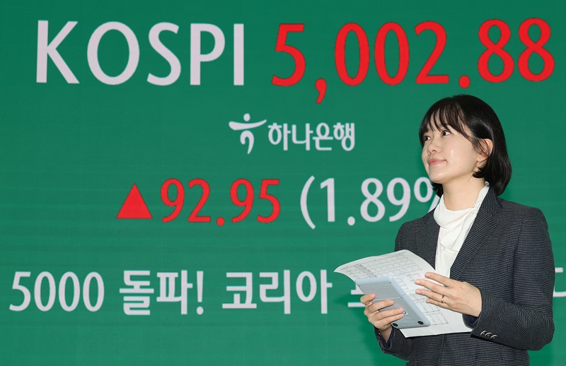 La foto, tomada el 22 de enero de 2026, muestra un aviso en el panel informativo del banco Hana Bank sobre el hito histórico del KOSPI tras superar los 5.000 puntos. | Agencia de Noticias Yonhap