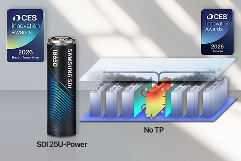 Se muestra la batería cilíndrica de potencia ultraalta SDI 25U-Power de Samsung SDI, que obtuvo el premio a la mejor innovación en la edición de este año del Salón de Electrodomésticos (CES), la mayor feria mundial de electrónica de consumo y tecnologías de la información y la comunicación, celebrada del 6 al 9 de enero (hora local) en Las Vegas, Estados Unidos. | Samsung SDI