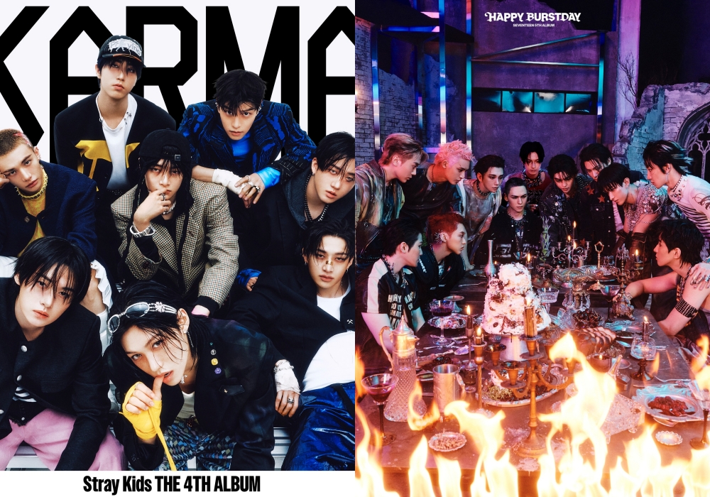 Se muestran pósteres de 'KARMA' de Stray Kids (izda.), álbum que ocupó el segundo lugar, y de 'HAPPY BURSTDAY' de Seventeen, que obtuvo el tercer puesto del ‘Global Album Sales Chart’ publicado el 20 de febrero (hora local) por la Federación Internacional de la Industria Fonográfica (IFPI). | Páginas oficiales de Stray Kids y Seventeen en Facebook