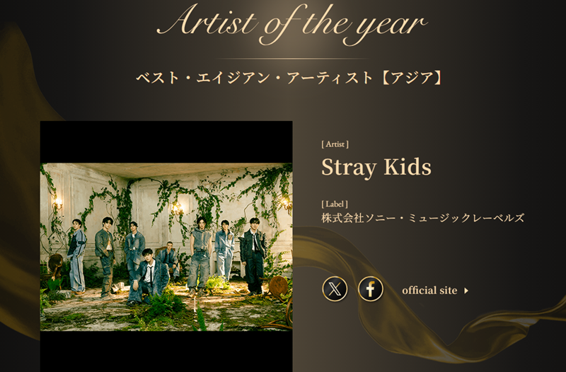 La foto muestra el nombramiento de Stray Kids como Mejor Artista Asiático del Año. | Captura de pantalla del sitio web oficial de los Premios Disco de Oro de Japón