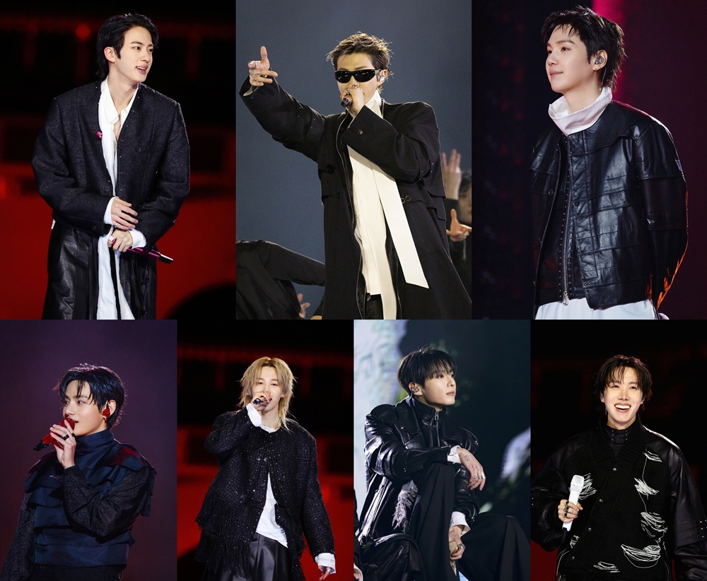 En el sentido de las agujas del reloj desde la esquina superior izquierda, Jin, RM, Suga, J-Hope, Jung Kook, Jimin y V actúan en su concierto de regresp 'BTS Comeback Live: ARIRANG', el 21 de marzo, en la Plaza Gwanghwamun, en el distrito de Jongno-gu, Seúl.