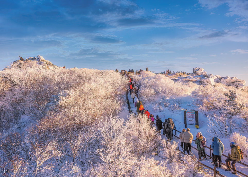 1. Paisaje nevado del monte Deogyusan en Muju En otoño, el follaje del monte mientras que en invierno, se transforma en un bos de flores de hielo, lo que lo convierte en un destino emblemático para disfrutar de las cuatro estaciones en CoreaDeogyusan se tiñe de rojo;