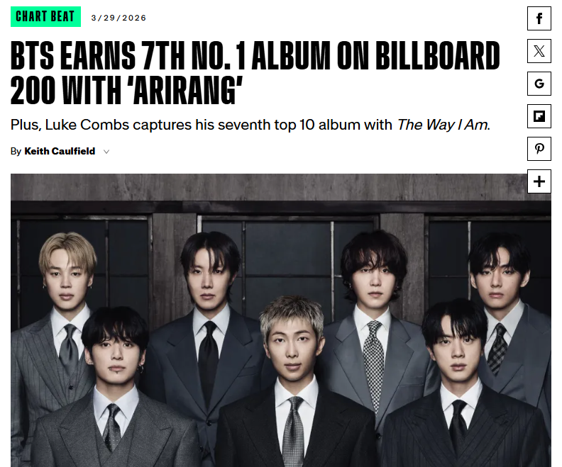 La foto muestra el reporte de Billboard del 29 de marzo (hora local), en el que menciona que el quinto álbum de estudio de BTS, 'Arirang', ha alcanzado la cima de la lista principal de álbumes Billboard 200. | Captura de pantalla del sitio web oficial de Billboard