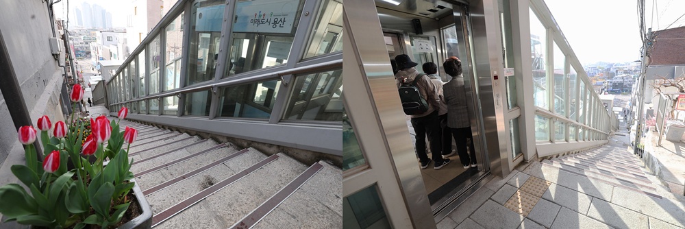 A la izquierda, los 108 escalones, famosos como lugar de rodaje de dramas coreanos; a la derecha, el ascensor inclinado que recorre la escalinata. | Lee Jeong Woo