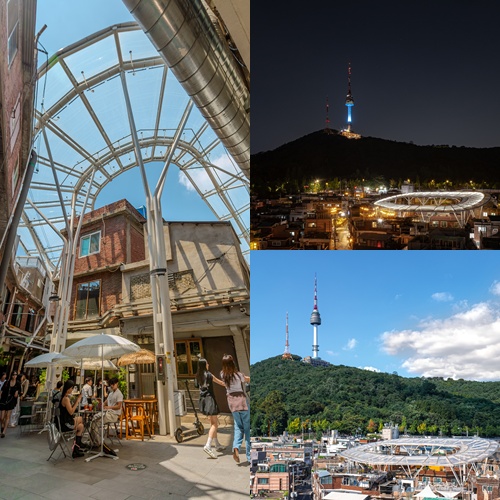A la izquierda, el techo 'Cloud' del mercado Shinheung visto desde el interior. A la derecha, panor&aacute;micas exteriores tomadas de noche (arriba) y de d&iacute;a (abajo). | Urban Idea Agency