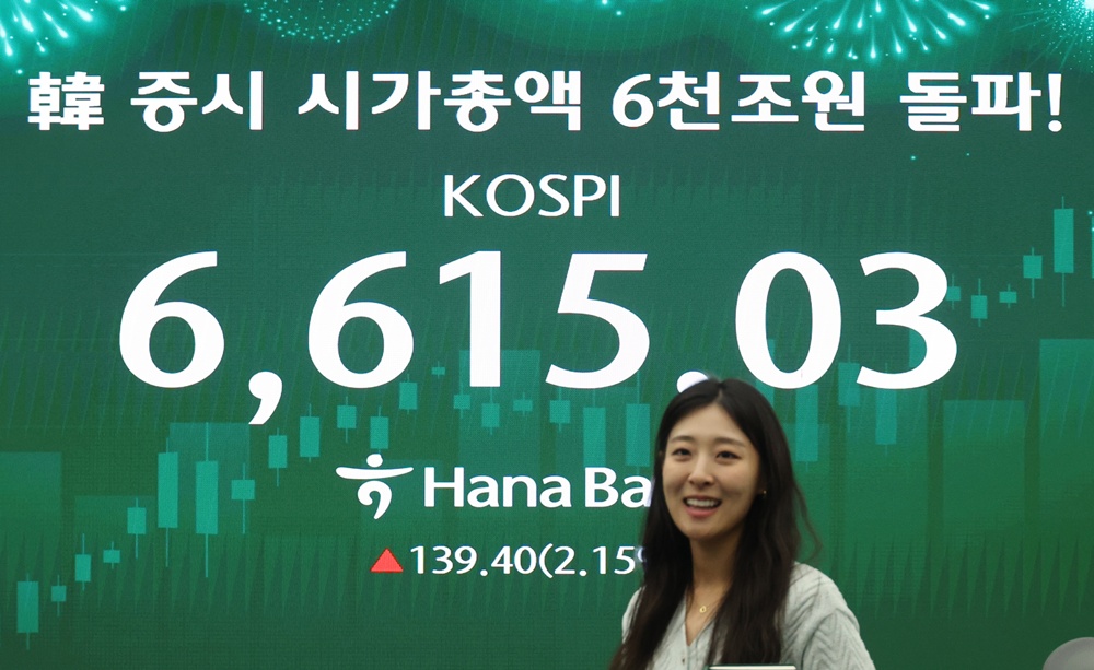 Una pantalla de datos financieros en la sala de operaciones del banco Hana Bank, en Se&uacute;l, muestra, el 27 de abril26, que el &Iacute;ndice Compuesto de Precio Burs&aacute;til de Corea del Sur (KOSPI, seg&uacute;n su acr&oacute;nimo en ingl&eacute;s) subi&oacute; 139,40 puntos, o un 2,15 por ciento, situ&aacute;ndose en 6.615,03. Esta supuso la primera vez que el KOSPI ha superado el umbral de los 6.600 puntos. | Agencia de Noticias Yonhap