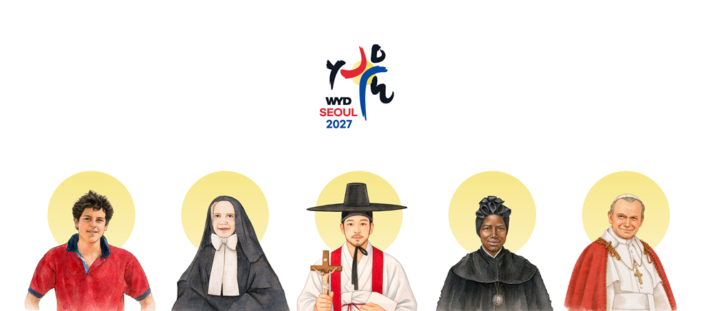 La Santa Sede y el Comit&eacute; Organizador de la Jornada Mundial de la Juventud (JMJ) de Se&uacute;l anunciaron el 26 de abril la selecci&oacute;n de cinco santos como patronos del evento. De izquierda a derecha: san Carlo Acutis, santa Francisca Javier Cabrini, san Andr&eacute;s Kim Taegon, santa Josefina Bakhita y san Juan Pablo II. | Comit&eacute; Organizador de la JMJ de Se&uacute;l