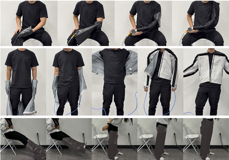 La foto muestra el proceso de uso de la nueva tecnología textil desarrollada por un equipo de investigación del Instituto Avanzado de Ciencia y Tecnología de Corea (KAIST), la cual permite que las prendas se desplieguen por sí mismas mediante aire, adaptándose al cuerpo para facilitar su colocación. De arriba a abajo: secuencia de uso en mangas, chaqueta y pantalones. | KAIST