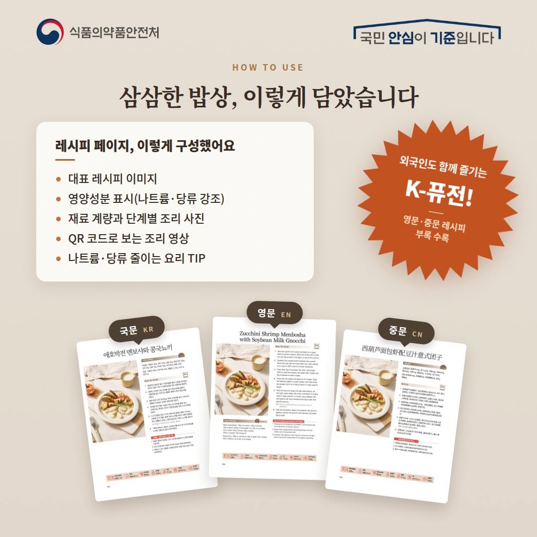 La foto muestra las versiones de coreano, inglés y chino del volumen 15 del Recetario saludable de sabor suave publicado por el Ministerio de Seguridad de Alimentos y Medicamentos (MFDS, por sus siglas en inglés).