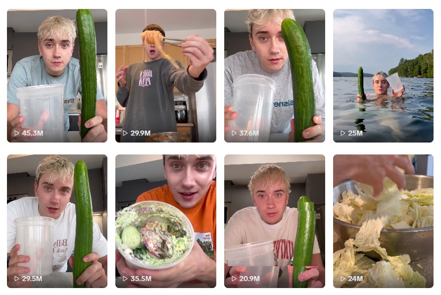 Las fotos muestran publicaciones en TikTok del creador de contenido de mukbang, Logan Moffitt, compartiendo su receta de 'ensalada de pepino'. / Captura de pantalla de la cuenta oficial de Logan Moffitt en TikTok