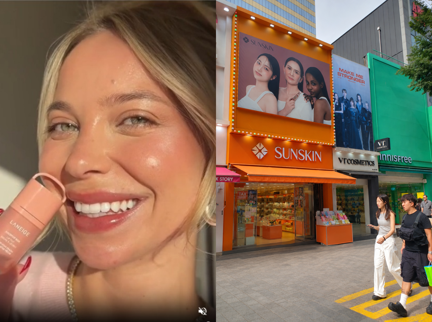 IImagen promocional de producto con una modelo extranjera en el sitio web oficial de Laneige en EE. UU. (izquierda) y publicidad con modelos de diversos tonos de piel y etnias expuesta en una tienda de cosméticos en Myeongdong, en el distrito de Jung-gu, Seúl. | itio web oficial de Laneige EE. UU. y Uyen Nguyen