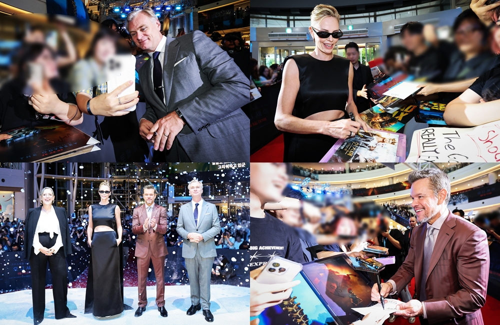 Las fotos muestran al director Christopher Nolan y al elenco de la película 'La Odisea' acercándose a los fans coreanos durante el evento de la alfombra roja, celebrado el 4 de agosto en Times Square, en el distrito de Yeongdeungpo-gu, Seúl. | Universal Pictures