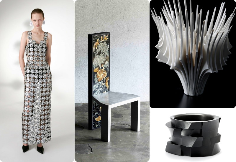 La foto muestra algunas de las piezas exhibas en la feria 'Design Miami Seoul 2026'. De izquierda a derecha: Línea 'ME-IN' del estudio LEJE; 'Narrative 001' de Kim Byung-sub; 'Bone Flower' de Yuki Nara, y 'Reconstructed Perspective' de Cho Soo-hyun. | Fundación de Diseño de Seúl