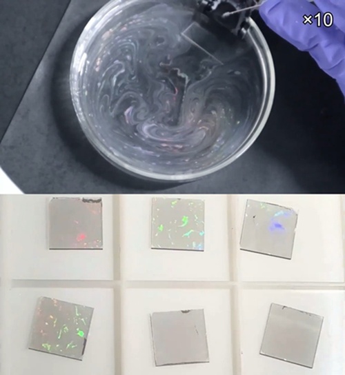 En la imagen superior se observa c&oacute;mo part&iacute;culas de cientos de nan&oacute;metros se autoensamblan al instante sobre el agua para formar nanograbados; en la parte inferior se muestran varias muestras de los patrones obtenidos con este m&eacute;todo.