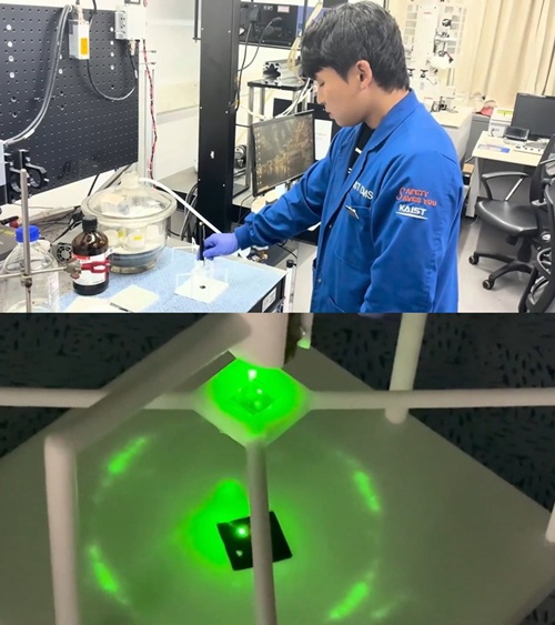 En la imagen superior se observa el uso de un puntero l&aacute;ser verde para examinar la nanohuella; en la inferior se aprecia el patr&oacute;n de difracci&oacute;n &uacute;nico que proyecta al ser iluminada.