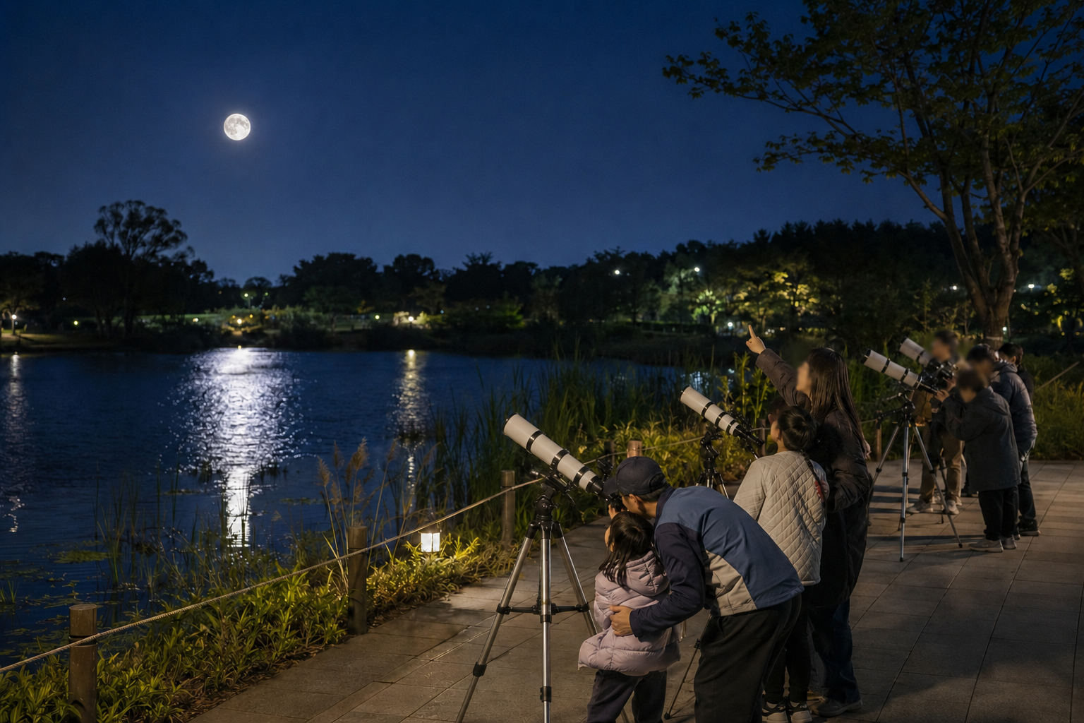 Varias personas observan la Luna reflejada sobre el estanque Nanji, en el  Parque Ol&iacute;mpico de Se&uacute;l, ubicado en el distrito de Mapo-gu, en la capital coreana. | Gobierno Metropolitano de Se&uacute;l) 
