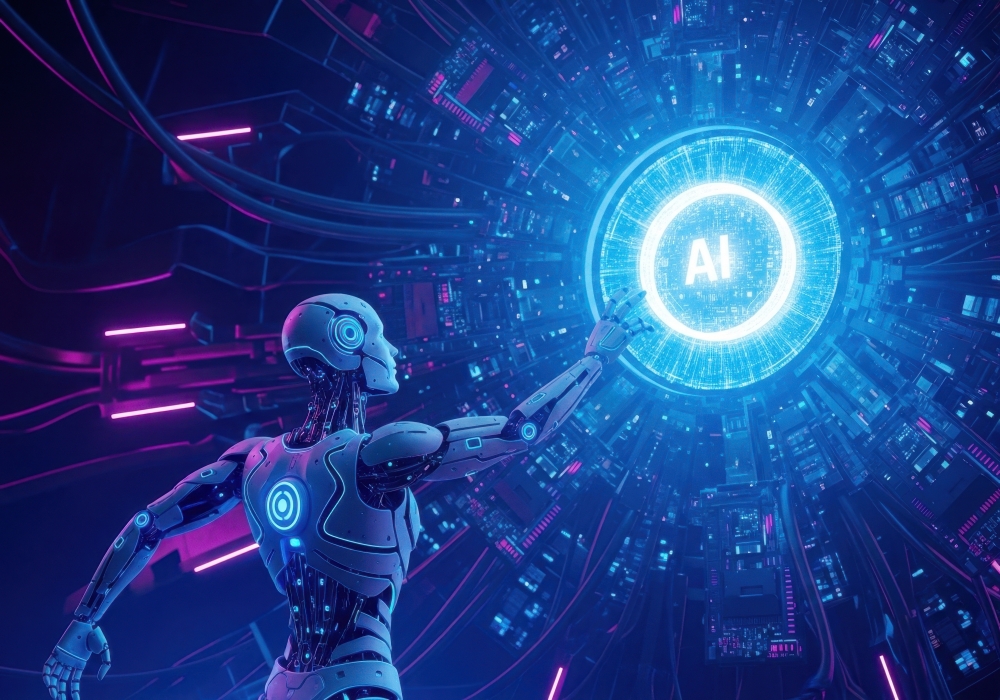 Ilustración de un robot observando las siglas de inteligencia artificial (IA) | iClick Art (La reproducción o redistribución no autorizada de esta imagen está prohibida de acuerdo con las leyes de derechos de au