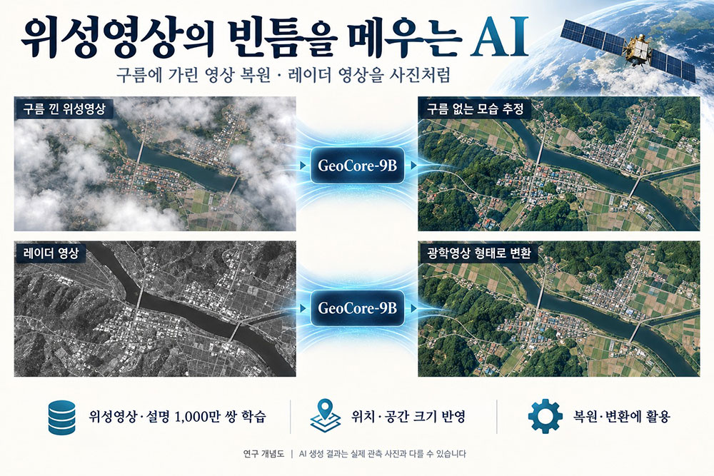 Concepto de restauraci&oacute;n y transformaci&oacute;n de im&aacute;genes satelitales desarrollado por el equipo de investigaci&oacute;n del Instituto Avanzado de Ciencia y Tecnolog&iacute;a de Corea (KAIST, por sus siglas en ingl&eacute;s) a trav&eacute;s del modelo fundacional 'GeoCore-9B'. 