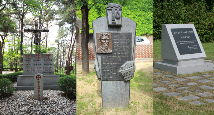  The Nogosan Martyrs' Shrine (left) and the Samseongsan Martyrs' Shrine (middle) once hosted the bodies of St. Jacques Honore Chastan, St. Pierre Philibert Maubant and St. Laurent Marie Joseph Imbert. On Yeouido (right), there is a monument at the 103 Korean Martyrs Canonization Site. (photos courtesy of the Archdiocese of Seoul) 