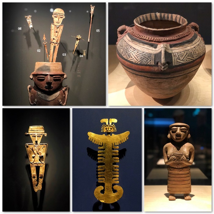 Muestras de orfebrería y cerámica prehispánica colombiana.