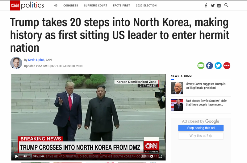 CNN informa el 30 de junio sobre la reunión de los líderes de Corea del Norte y EE.UU. en la Zona Desmilitarizada en la frontera intercoreana con el titular "Trump da 20 pasos en Corea del Norte, haciendo historia como el primer líder estadounidense en sentarse en la nación ermitaña". | Captura  del sitio web de la CNN