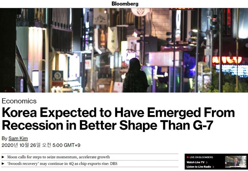 Bloomberg informó el 26 de octubre (hora local) que Corea del Sur se recuperaría de la recesión causada por COVID-19 en mejor forma que el G7. | Captura de pantalla del sitio web de Bloomberg