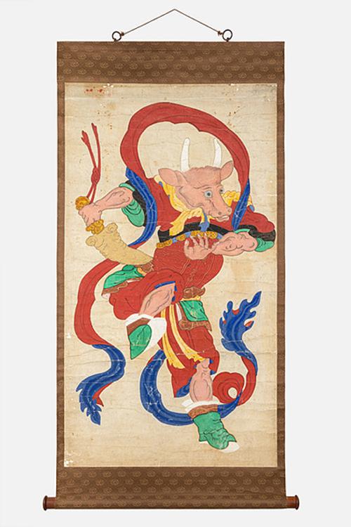 Pintura de una deidad buey que protege a los espíritus malignos. | Museo Folclórico Nacional de Corea