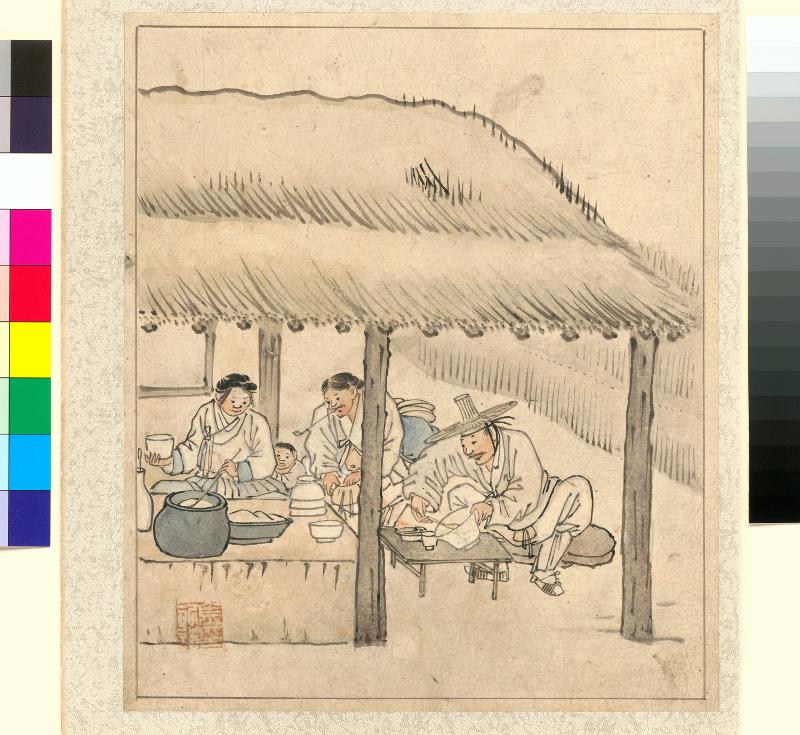 En la pintura titulada 'Jumak' pintada por el famoso pintor de la dinastía Joseon llamado Kim Hong-do, se pueden encontrar unas personas disfrutando del sabor de makgeolli. | Museo Nacional de Corea