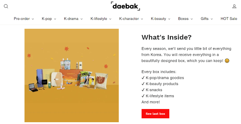 El reconocido servicio de cajas de suscripción Daebak posee una temática que abarca las diferentes estaciones de cada año. | Captura del sitio web oficial de Daebak