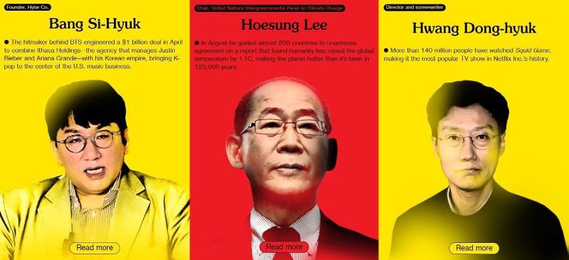  Bang Si-hyuk (izquierda), fundador y director de la agencia de gestión de BTS Hybe, Lee Hoe-sung, presidente del Panel Intergubernamental sobre Cambio Climático, y Hwang Dong-hyuk, creador y director de la serie de Netflix 