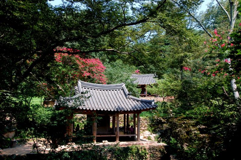 El jardín Soswaewon se encuentra rodeado por un bosque de bambú donde una pequeña cascada fluye con agua cristalina hasta el lago ubicado dentro del mismo jardín. | Administración del Patrimonio Cultural