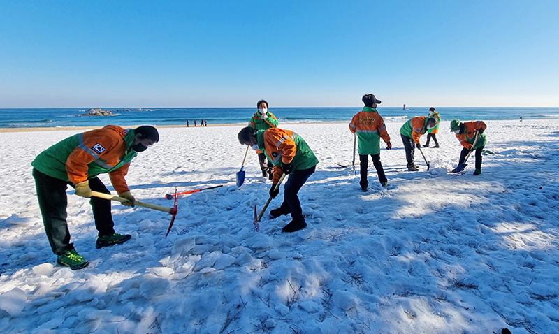El 6 de enero, los miembros de una organización civil están eliminando el hielo congelado en la acera y en el paseo de la playa de Gyeongpo, en Gangneung, provincia de Gangwon-do.