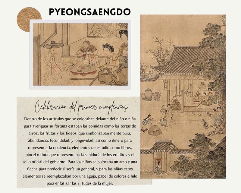 Esta pintura representa la celebración del primer cumpleaños que realiza con los familiares cercanos y parientes. En la pintura el niño sostiene un libro, por lo que se espera que tenga excelentes habilidades académicas.