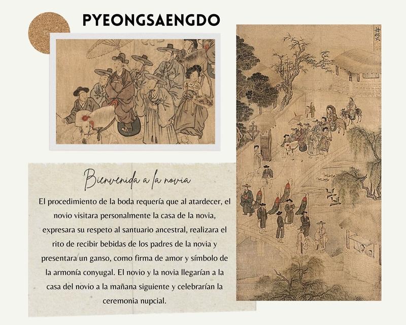 Esta pintura representa el paso del novio, presumiblemente un funcionario civil o militar, para dar la bienvenida a la novia y realizar la ceremonia de la boda. Al llegar a la casa de la novia, después de presentar sus respetos el día anterior a la familia de la novia, la pareja está lista para celebrar la ceremonia nupcial.