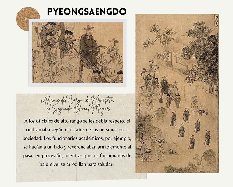 Esta pintura representa la procesión del Ministro de Defensa sentado en una silla de manos en forma de carreta que solo está permitida para los puestos de Segundo Mayor o superior, y varios asistentes permiten mostrar su dignidad a los espectadores