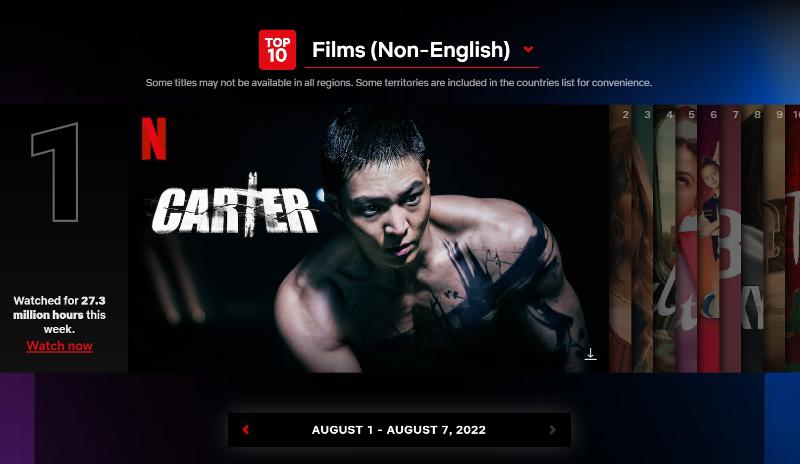 La película 'Carter', cuyo afiche promocional se muestra, y la serie original de Netflix 'Woo, una abogada extraordinaria' han encabezado las 10 listas principales de contenido que no está en inglés del sitio de transmisión. | Captura de pantalla del sitio web de Netflix Top 10 