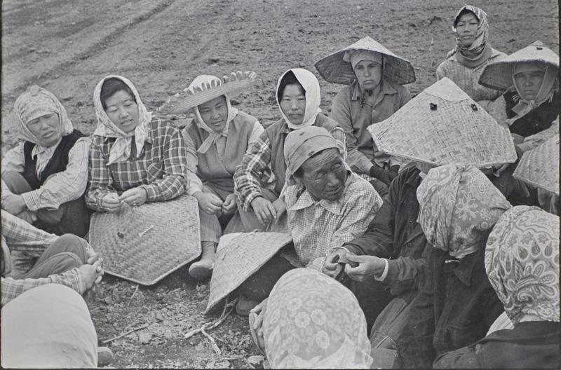 La foto, tomada el 1980, muestra un grupo de trabajadores agrícolas se toma un descanso en primavera en la granja colectiva Svedlov en la provincia de Tashkent en Uzbekistán. | Museo Folclórico Nacional de Corea 