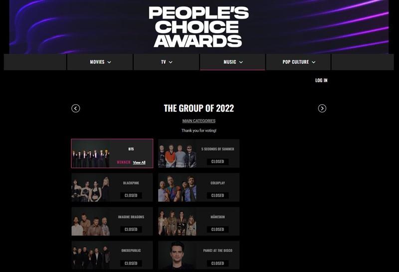 BTS ganó el 6 de diciembre tres premios en la ceremonia de entrega de premios de People's Choice Awards de este año en Santa Mónica, California, Estados Unidos. | Captura de pantalla del sitio web de los People's Choice Awards 