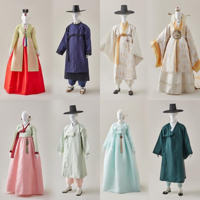 Desde la izquierda en el sentido de las agujas del reloj, se muestran unos trajes tradicionales de hanbok para la ceremonia tradicional de mayoría de edad, el matrimonio, un ritual para honrar a los antepasados y para desear la longevidad. 