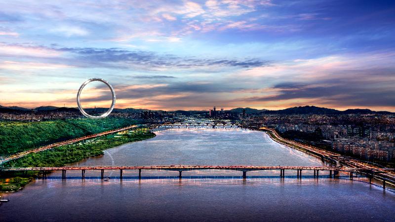 El Gobierno Metropolitano de Seúl construirá Seoul Ring, una noria gigantesca de 180 metros de diámetro, en el barrio de Sangam-dong, en el distrito Mapo-gu de la capital. La imagen es una representación virtual a vista de pájaro de la futura atracción Seoul Ring.