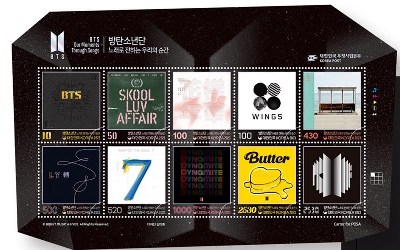 La Oficina del Servicio Postal de Corea del Sur, una entidad dependiente del Ministerio de Ciencia y TIC, dijo el 7 de mayo que el 13 de junio emitirá estampillas inspiradas en 10 imágenes de los álbumes más icónicos de BTS, incluidos 'Dynamite', 'Butter' y 'Proof', para conmemorar el 10° aniversario de su debut. | Oficina del Servicio Postal de Corea del Sur