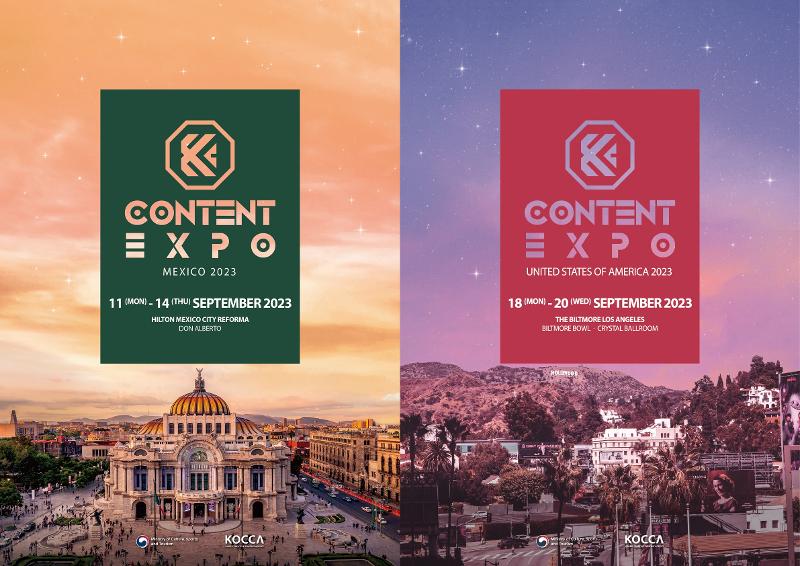 Carteles promocionales de la 'K-Content Expo' en México (izda.) y EE. UU. | Ministerio de Cultura, Deportes y Turismo