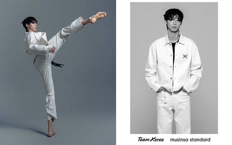 La foto muestra a un miembro del equipo nacional de Taekwondo, Jang Jun, portando el nuevo uniforme del equipo. La marca nacional de ropa informal Musinsa Standard presentó el 8 de septiembre los uniformes de las ceremonias de apertura y clausura de los atletas coreanos que participarán para en los XIX Juegos Asiáticos que se inaugurarán el próximo 23 de septiembre en Hangzhou, China. 