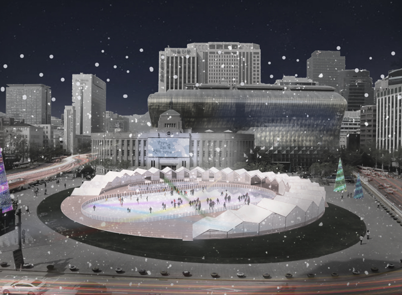 La foto muestra una representación de la pista de patinaje sobre hielo que se instalará en la plaza de Seúl, en el distrito de Jung-gu, en la ciudad capital. El Gobierno Metropolitano de Seúl informó el 20 de diciembre que operará dicha pista durante 52 días, desde el 22 de diciembre hasta el 11 de febrero del próximo año. | Gobierno Metropolitano de Seúl